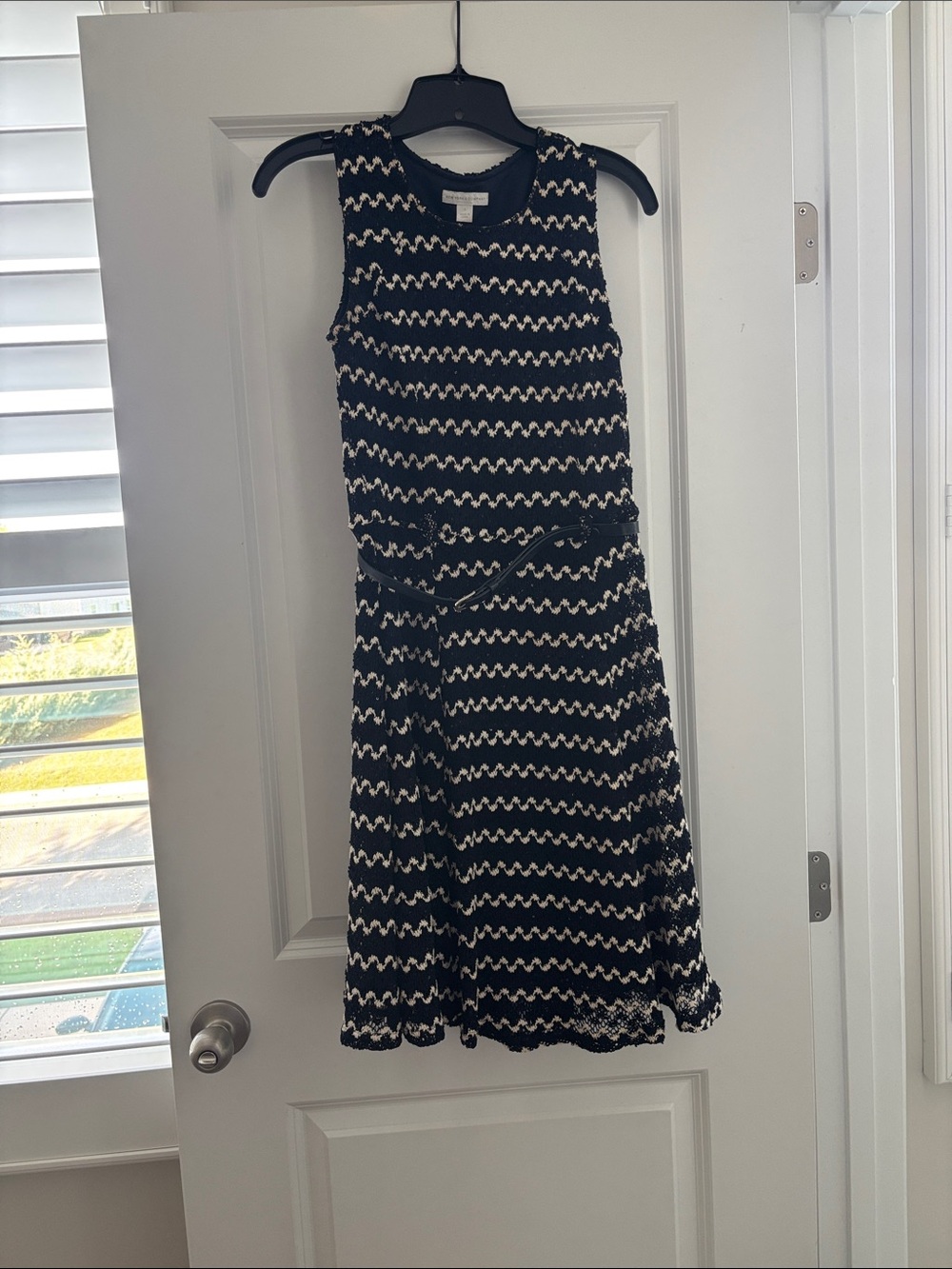 New York & Company Black and Cream Sleeveless Knit Dress with Subtle Belt